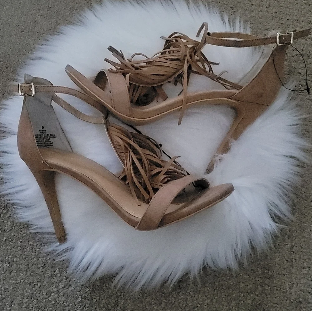 Express Fringe Strappy Heeled Suede Sandals
